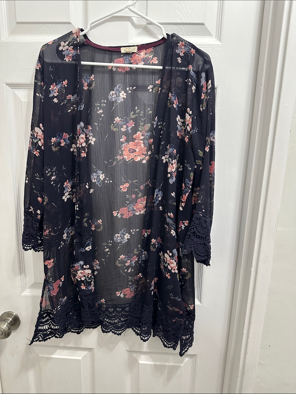 Mason & Belle Floral Sheer Kimono Robe in Navy with Lace Trim